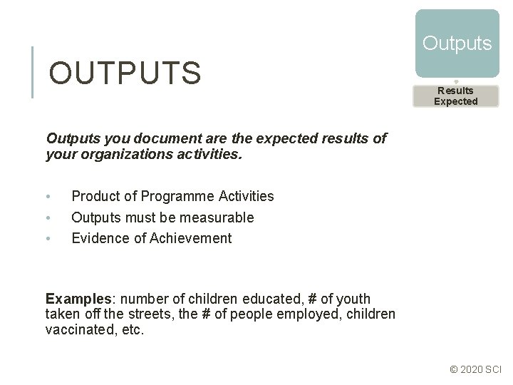 Outputs OUTPUTS Results Expected Outputs you document are the expected results of your organizations