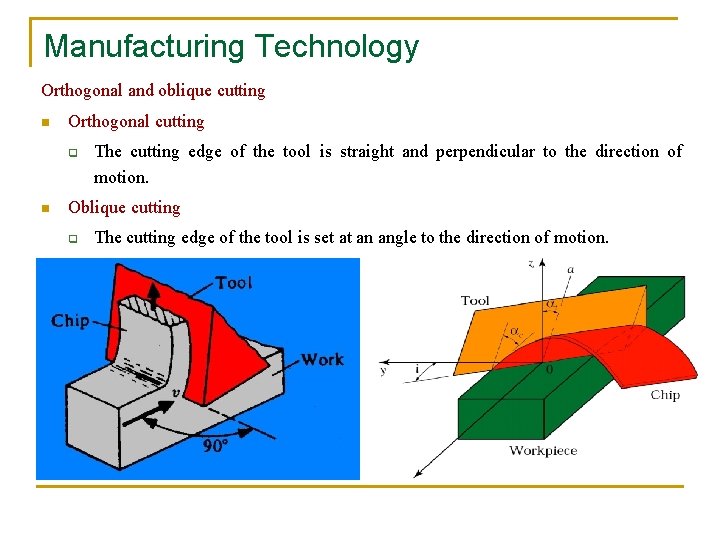 Manufacturing Technology Orthogonal and oblique cutting n Orthogonal cutting q n The cutting edge