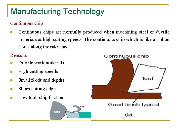 Manufacturing Technology Continuous chip n Continuous chips are normally produced when machining steel or