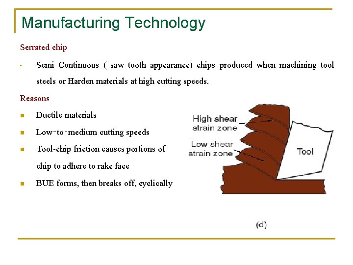 Manufacturing Technology Serrated chip • Semi Continuous ( saw tooth appearance) chips produced when