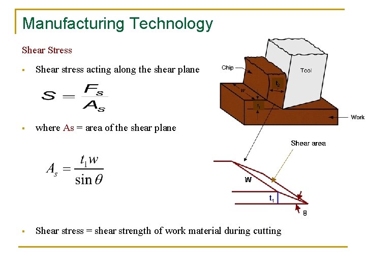 Manufacturing Technology Shear Stress § Shear stress acting along the shear plane § where