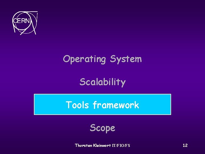 Operating System Scalability Tools framework Scope Thorsten Kleinwort IT/FIO/FS 12 