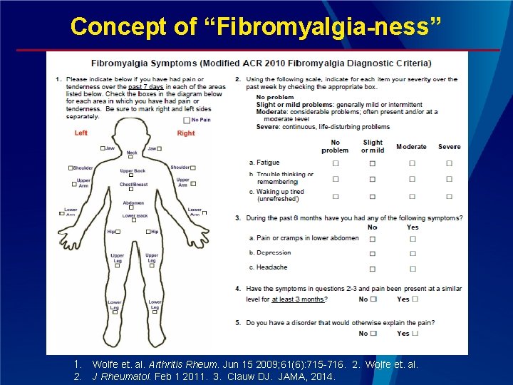Concept of “Fibromyalgia-ness” 1. 2. Wolfe et. al. Arthritis Rheum. Jun 15 2009; 61(6):