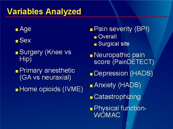 Variables Analyzed ■ Age ■ Pain severity ■ Overall ■ Surgical site ■ Sex