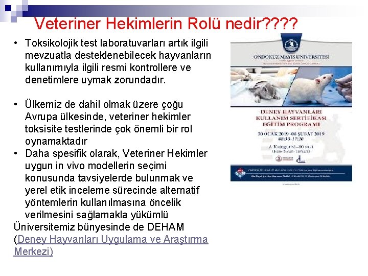 Veteriner Hekimlerin Rolü nedir? ? • Toksikolojik test laboratuvarları artık ilgili mevzuatla desteklenebilecek hayvanların