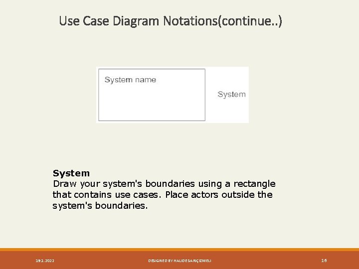 Use Case Diagram Notations(continue. . ) System Draw your system's boundaries using a rectangle