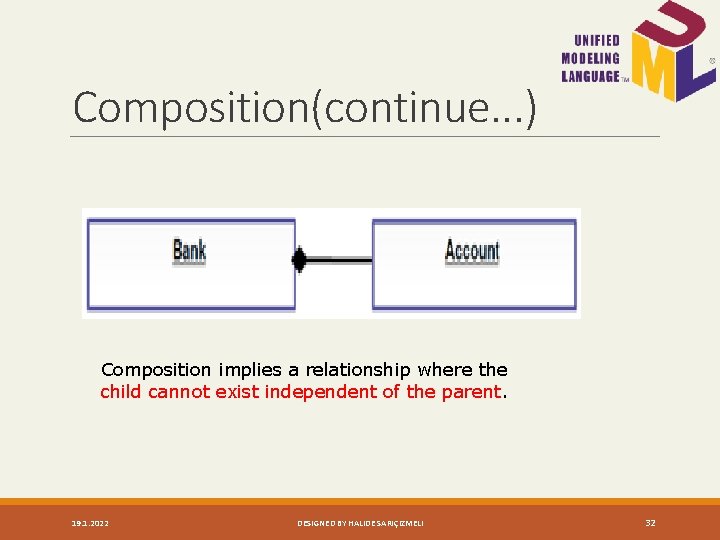 Composition(continue. . . ) Composition implies a relationship where the child cannot exist independent