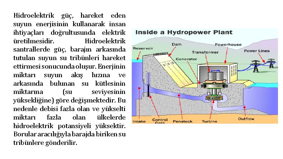 Hidroelektrik güç, hareket eden suyun enerjisinin kullanarak insan ihtiyaçları doğrultusunda elektrik üretilmesidir. Hidroelektrik santrallerde