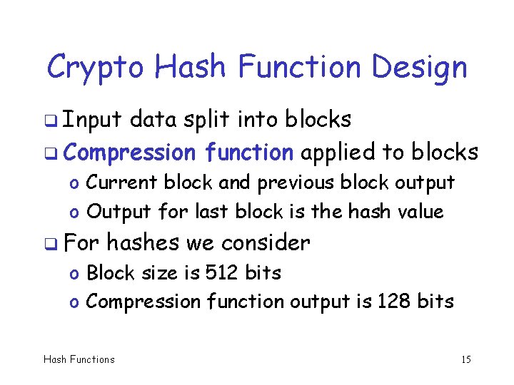 Crypto Hash Function Design q Input data split into blocks q Compression function applied