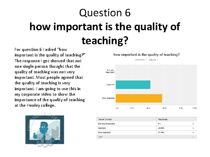 Question 6 how important is the quality of teaching? For question 6 I asked