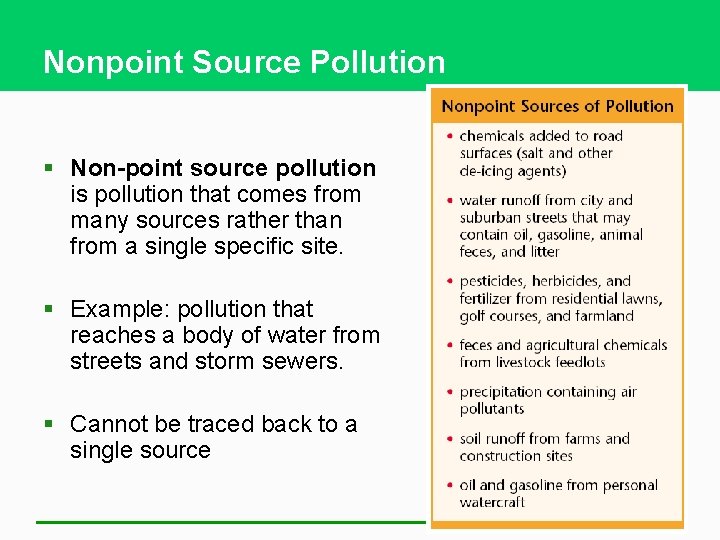 Nonpoint Source Pollution § Non-point source pollution is pollution that comes from many sources