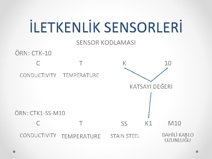 İLETKENLİK SENSORLERİ SENSOR KODLAMASI ÖRN: CTK-10 C CONDUCTIVITY T K 10 TEMPERATURE KATSAYI DEĞERİ