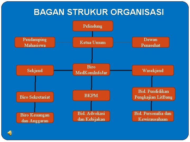 BAGAN STRUKUR ORGANISASI Pelindung Pendamping Mahasiswa Ketua Umum Dewan Penasehat Biro Med. Kom. Info.