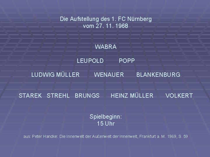 Die Aufstellung des 1. FC Nürnberg vom 27. 11. 1968 WABRA LEUPOLD LUDWIG MÜLLER