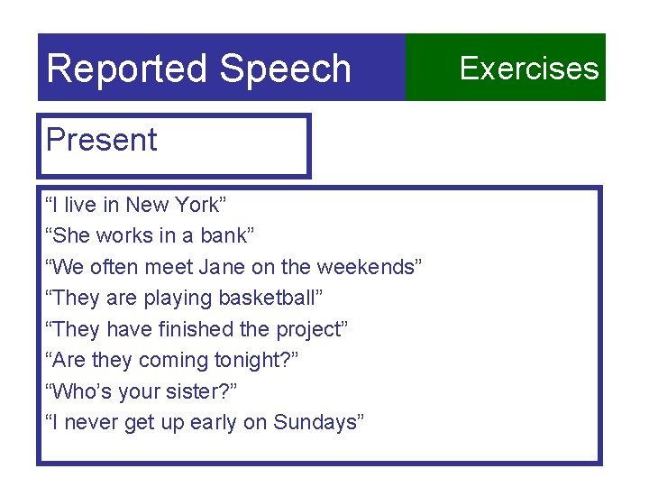 Reported Speech Present “I live in New York” “She works in a bank” “We