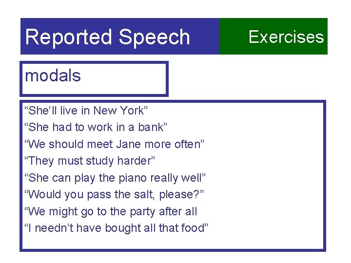 Reported Speech modals “She’ll live in New York” “She had to work in a