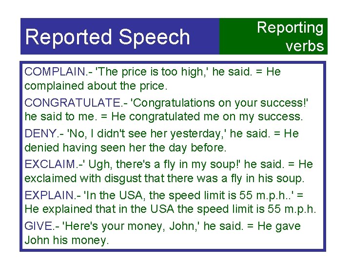 Reported Speech Reporting verbs COMPLAIN. - 'The price is too high, ' he said.