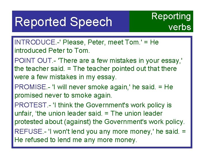 Reported Speech Reporting verbs INTRODUCE. -' Please, Peter, meet Tom. ' = He introduced