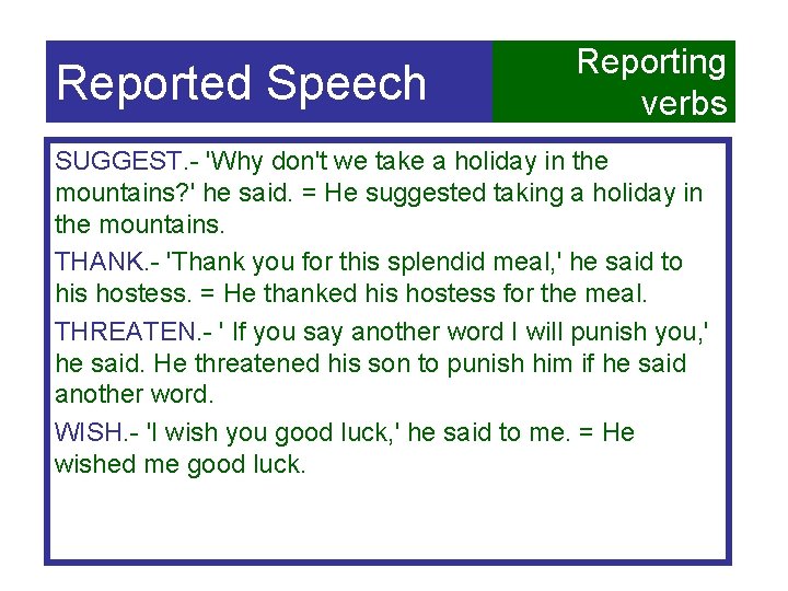 Reported Speech Reporting verbs SUGGEST. - 'Why don't we take a holiday in the