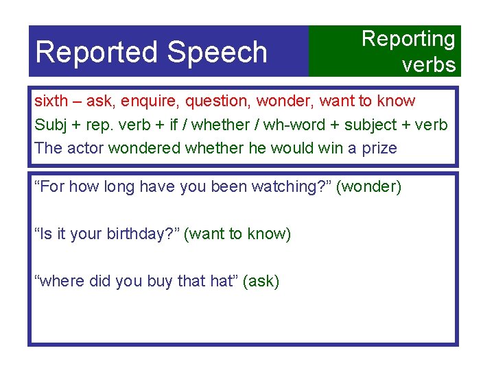 Reported Speech Reporting verbs sixth – ask, enquire, question, wonder, want to know Subj