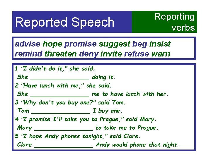 Reported Speech Reporting verbs advise hope promise suggest beg insist remind threaten deny invite