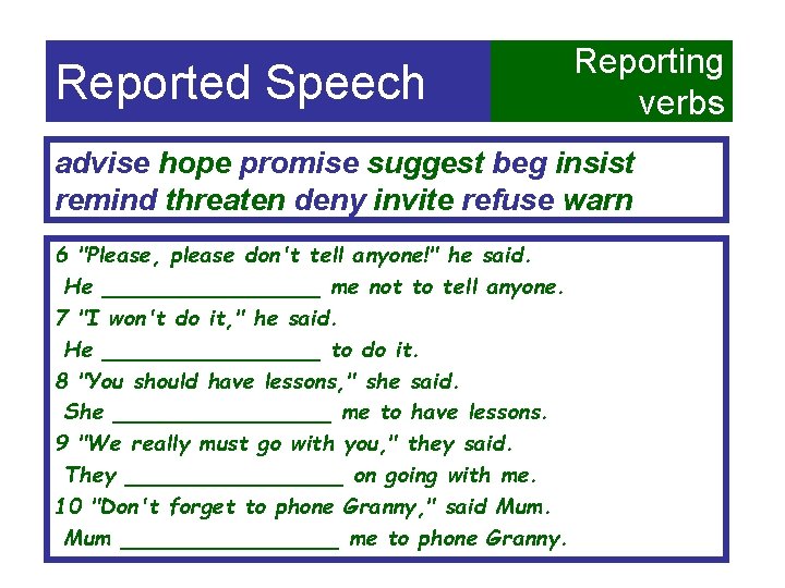 Reported Speech Reporting verbs advise hope promise suggest beg insist remind threaten deny invite
