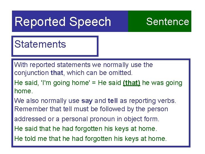 Reported Speech Sentence Statements With reported statements we normally use the conjunction that, which