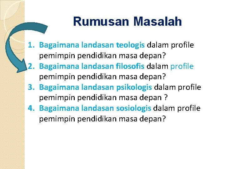 Rumusan Masalah 1. Bagaimana landasan teologis dalam profile pemimpin pendidikan masa depan? 2. Bagaimana