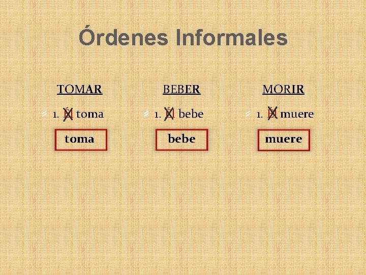 Órdenes Informales TOMAR BEBER MORIR 1. Él toma 1. Él bebe 1. Él muere