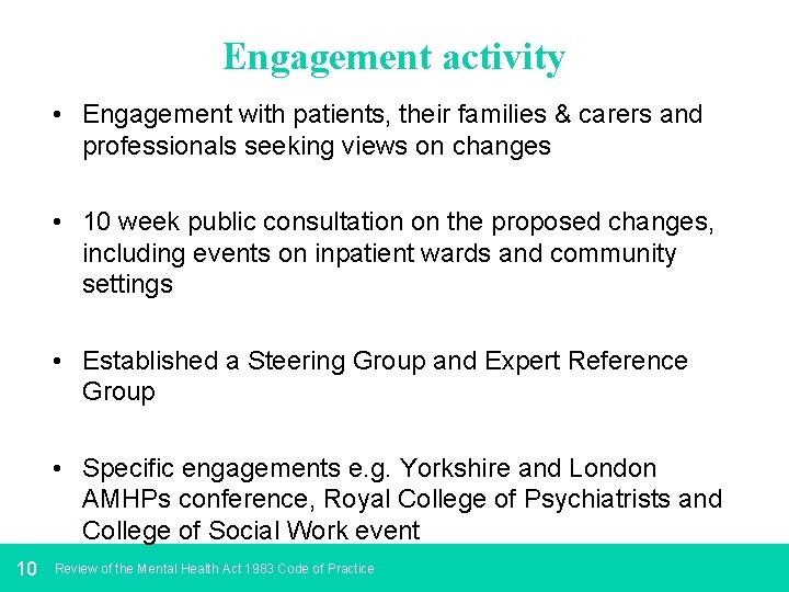 Engagement activity • Engagement with patients, their families & carers and professionals seeking views