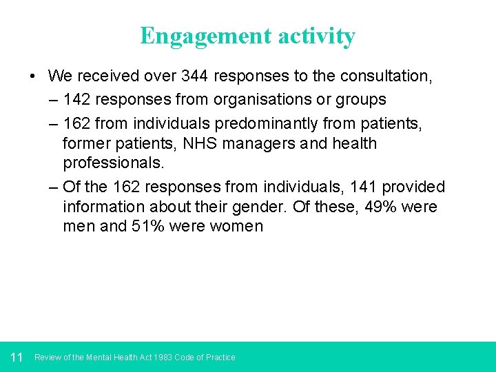 Engagement activity • We received over 344 responses to the consultation, – 142 responses