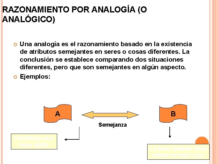 RAZONAMIENTO POR ANALOGÍA (O ANALÓGICO) Una analogía es el razonamiento basado en la existencia