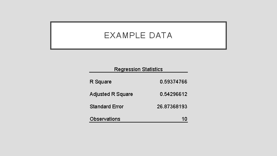 EXAMPLE DATA Regression Statistics R Square 0. 59374766 Adjusted R Square 0. 54296612 Standard