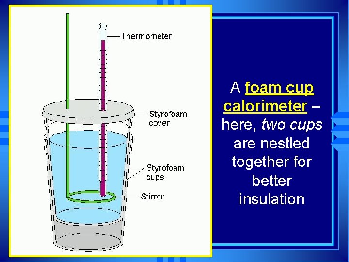 A foam cup calorimeter – here, two cups are nestled together for better insulation