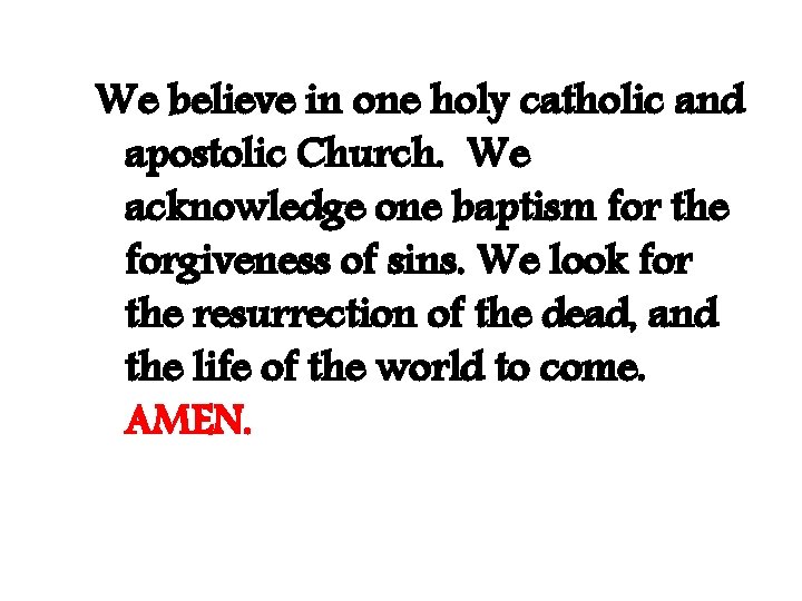 We believe in one holy catholic and apostolic Church. We acknowledge one baptism for