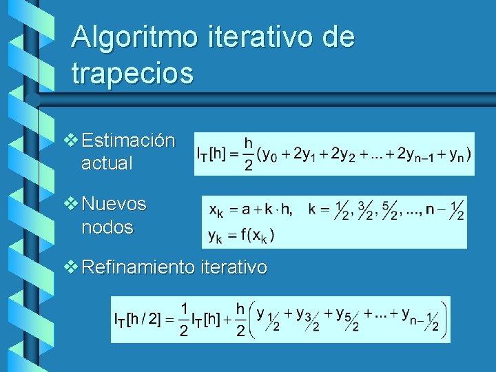 Algoritmo iterativo de trapecios v Estimación actual v Nuevos nodos v Refinamiento iterativo 