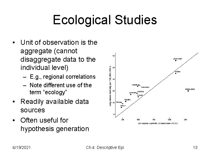 Ecological Studies • Unit of observation is the aggregate (cannot disaggregate data to the Ecological Studies • Unit of observation is the aggregate (cannot disaggregate data to the