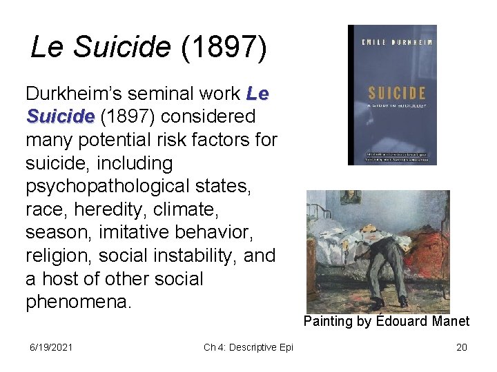 Le Suicide (1897) Durkheim’s seminal work Le Suicide (1897) considered many potential risk factors Le Suicide (1897) Durkheim’s seminal work Le Suicide (1897) considered many potential risk factors