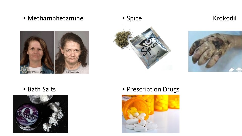  • Methamphetamine • Spice • Bath Salts • Prescription Drugs Krokodil 