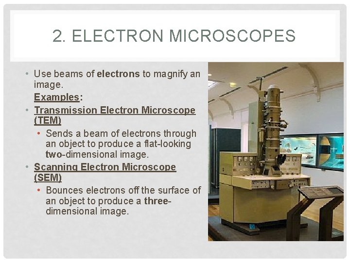 2. ELECTRON MICROSCOPES • Use beams of electrons to magnify an image. Examples: •