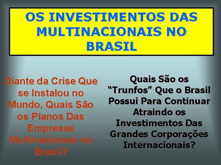 OS INVESTIMENTOS DAS MULTINACIONAIS NO BRASIL Diante da Crise Que se Instalou no Mundo,