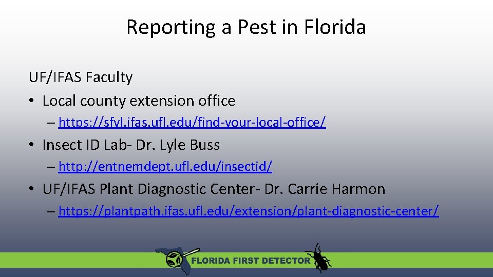 Reporting a Pest in Florida UF/IFAS Faculty • Local county extension office – https:
