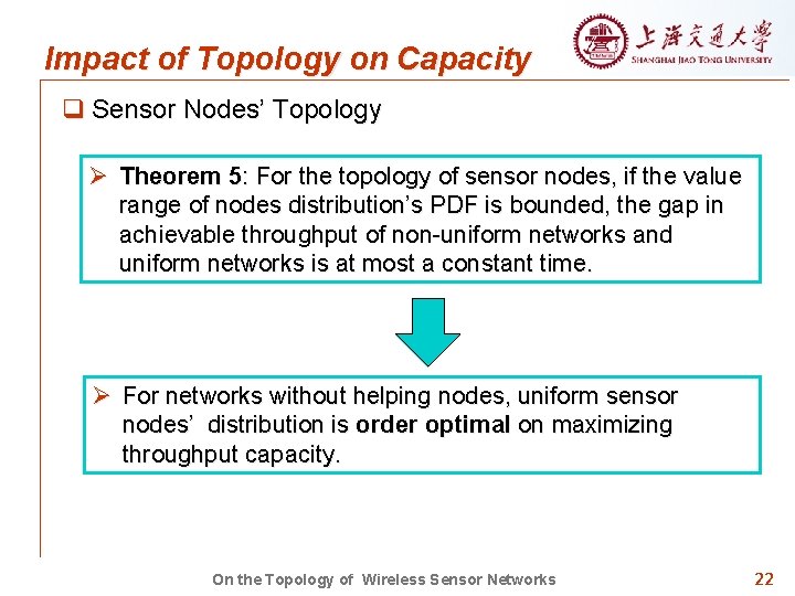 Impact of Topology on Capacity q Sensor Nodes’ Topology Ø Theorem 5: For the