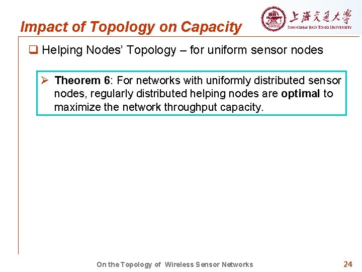 Impact of Topology on Capacity q Helping Nodes’ Topology – for uniform sensor nodes