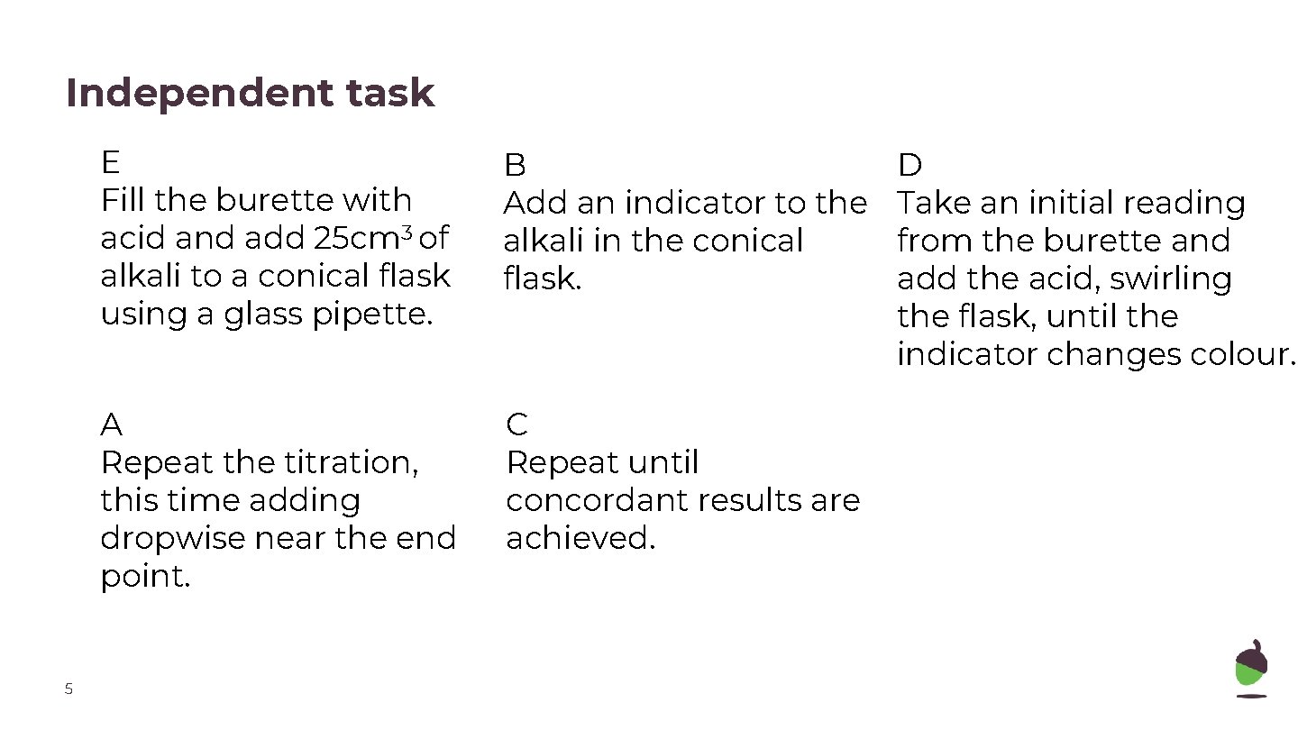 Independent task 5 E Fill the burette with acid and add 25 cm 3