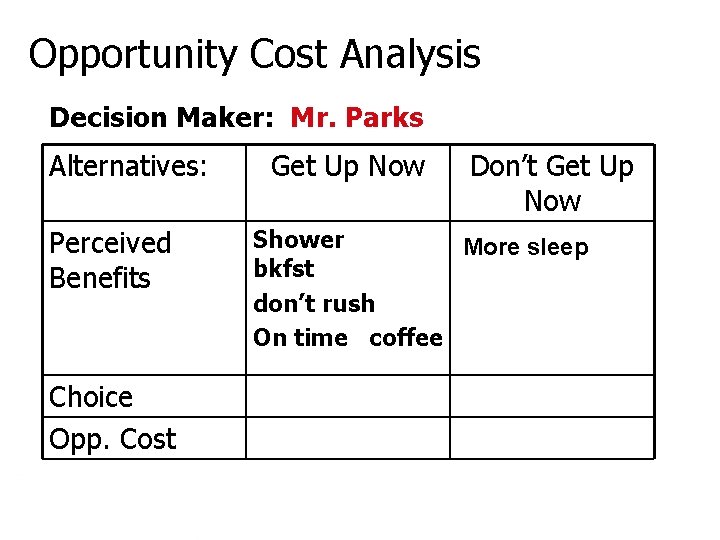 Opportunity Cost Analysis Decision Maker: Mr. Parks Alternatives: Perceived Benefits Choice Opp. Cost Economics
