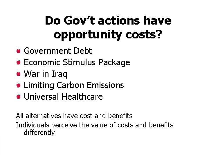Do Gov’t actions have opportunity costs? Government Debt Economic Stimulus Package War in Iraq