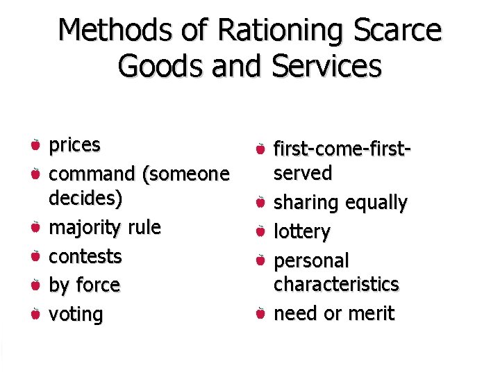 Methods of Rationing Scarce Goods and Services prices command (someone decides) majority rule contests