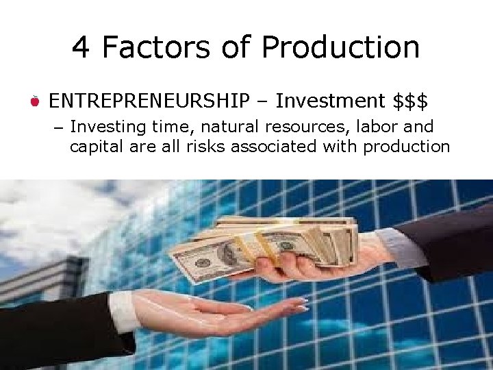 4 Factors of Production ENTREPRENEURSHIP – Investment $$$ – Investing time, natural resources, labor