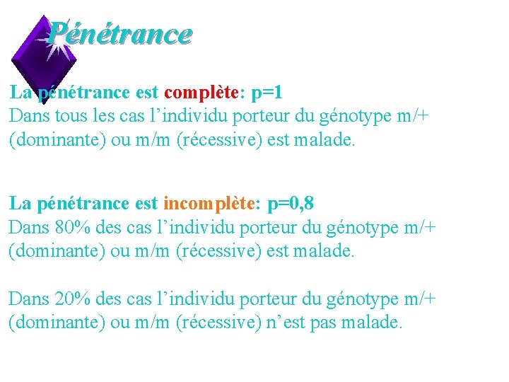 Pénétrance La pénétrance est complète: p=1 Dans tous les cas l’individu porteur du génotype